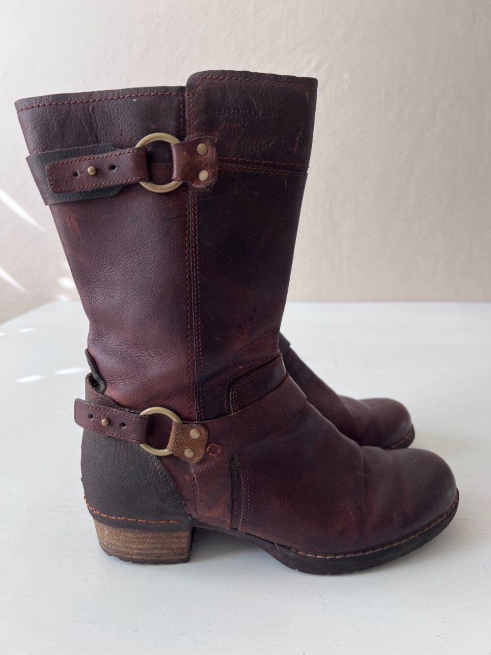 Merrell Shiloh Peak Mid-Calf Leather Motorcycle Buckle Boots Size 7.5